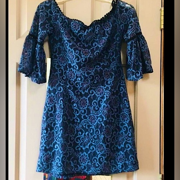 Navy Blue Off the Shoulder Lace Dress - Picture 2 of 2